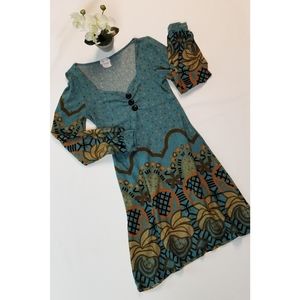 Funky People Ditsy Art Deco Sweater Dress sz M Turquoise